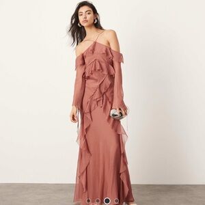 ASOS EDITION chiffon halter raw edge ruffle maxi dress in rose pink. Worn ONCE!